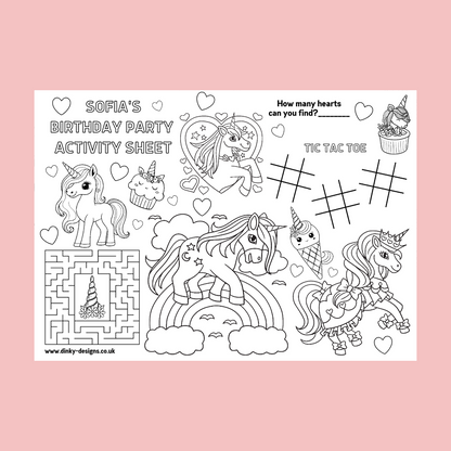 A4 Colouring Activity Sheets | Personalised Unicorn Activity Sheets | Party Bag Favours | Party Placemats