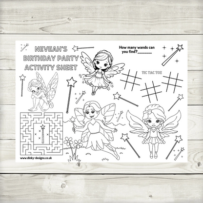 A4 Colouring Activity Sheets | Personalised Fairy Activity Sheets | Party Bag Favours | Party Placemats