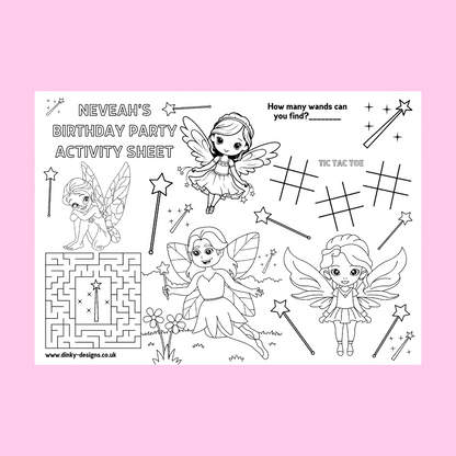 A4 Colouring Activity Sheets | Personalised Fairy Activity Sheets | Party Bag Favours | Party Placemats