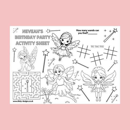 A4 Colouring Activity Sheets | Personalised Fairy Activity Sheets | Party Bag Favours | Party Placemats