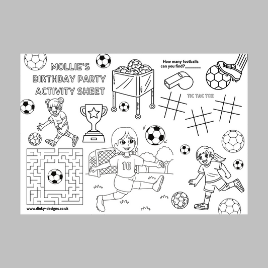 A4 Colouring Activity Sheets | Personalised Girls Football Activity Sheets | Party Bag Favours | Party Placemats