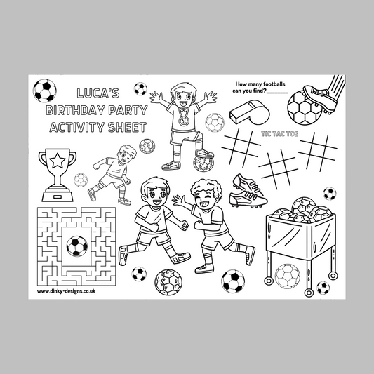 A4 Colouring Activity Sheets | Personalised Boys Football Activity Sheets | Party Bag Favours | Party Placemats