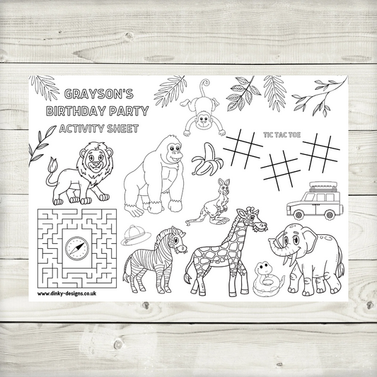 A4 Colouring Activity Sheets | Personalised Safari Jungle Zoo Activity Sheets | Party Bag Favours | Party Placemats