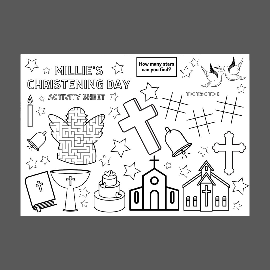 A4 Colouring Activity Sheets | Personalised Christening Holy Communion Activity Sheets | Party Bag Favours | Party Placemats