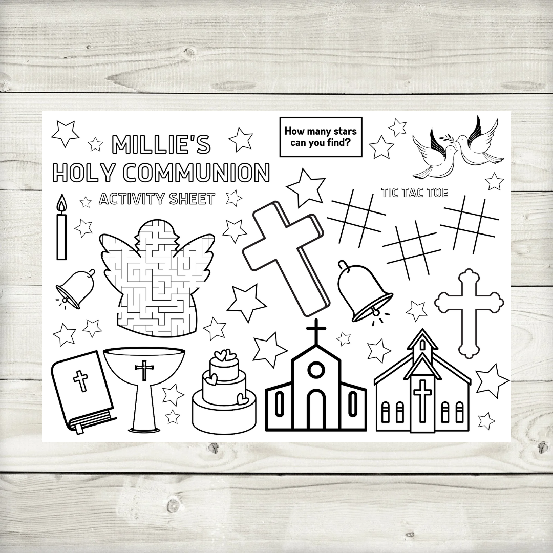 A4 Colouring Activity Sheets | Personalised Christening Holy Communion Activity Sheets | Party Bag Favours | Party Placemats