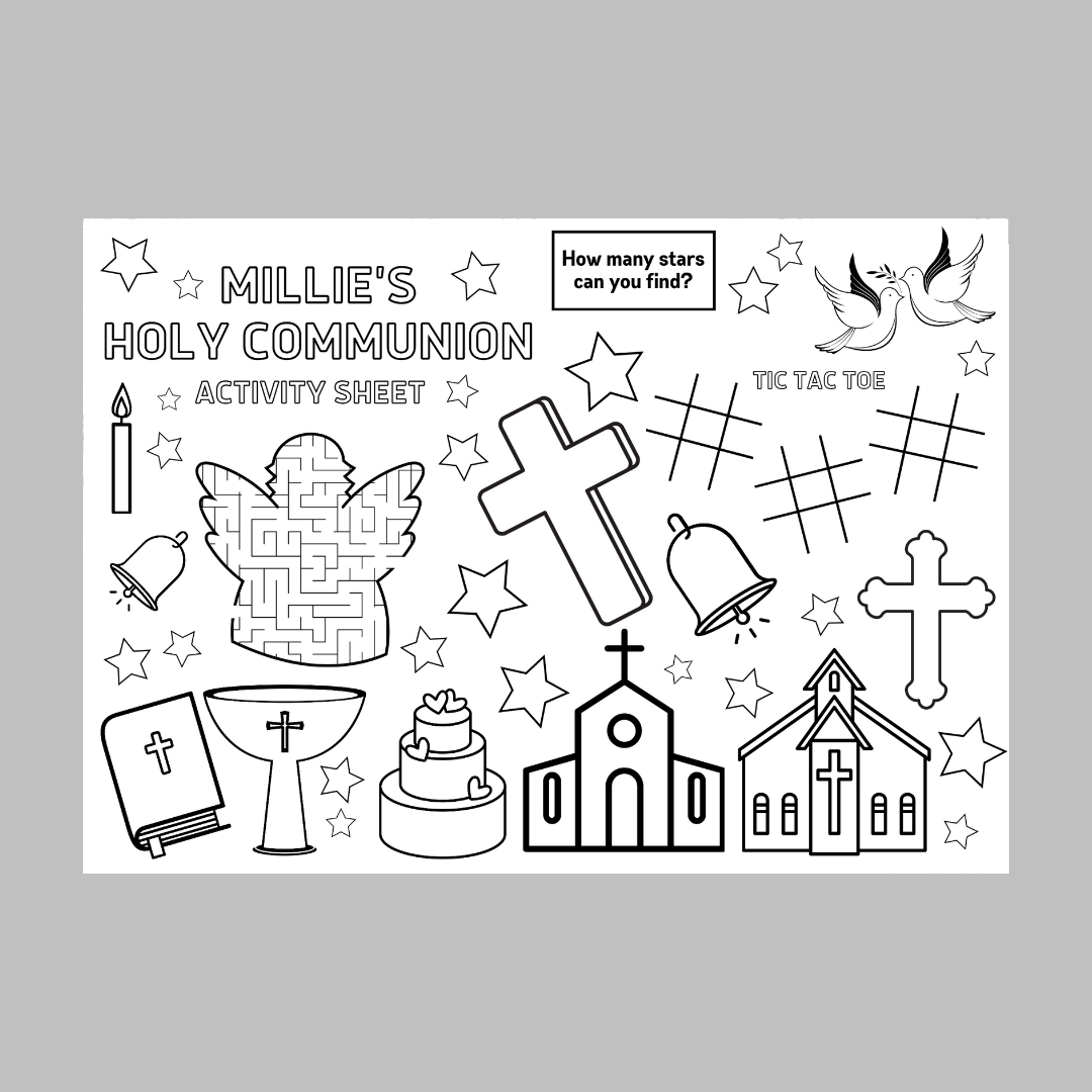 A4 Colouring Activity Sheets | Personalised Christening Holy Communion Activity Sheets | Party Bag Favours | Party Placemats