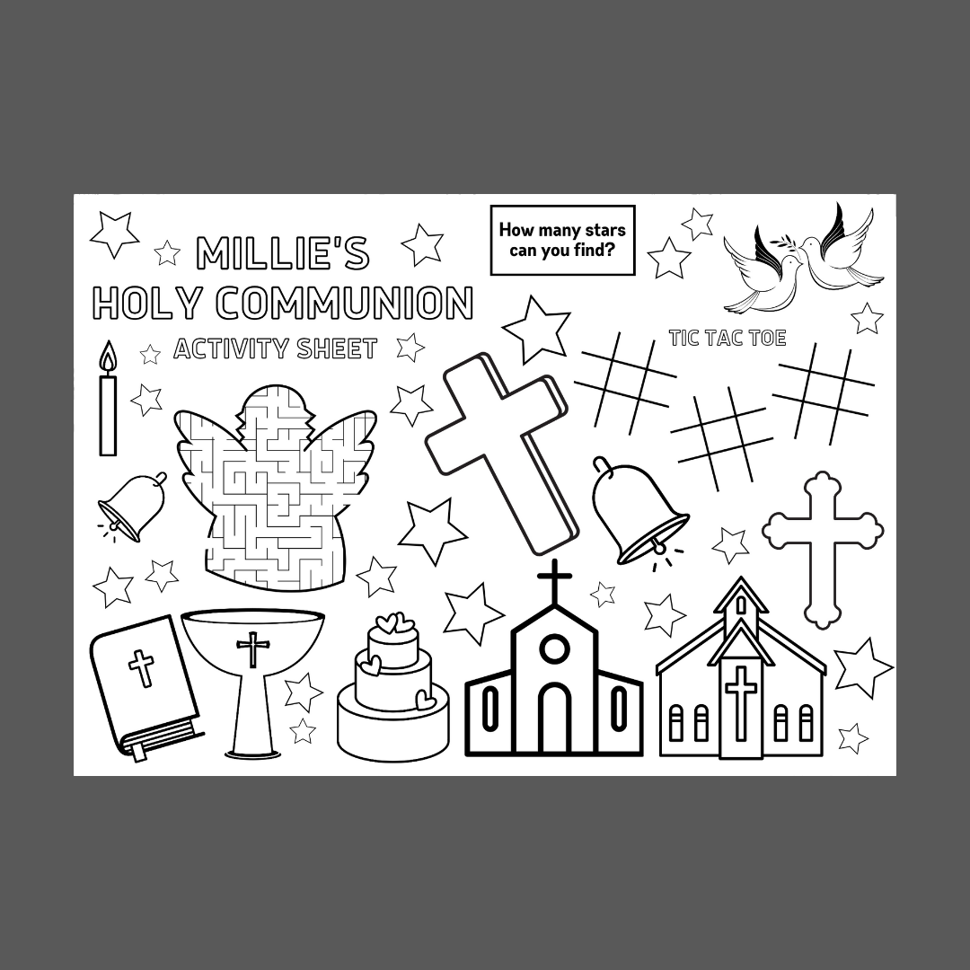 A4 Colouring Activity Sheets | Personalised Christening Holy Communion Activity Sheets | Party Bag Favours | Party Placemats