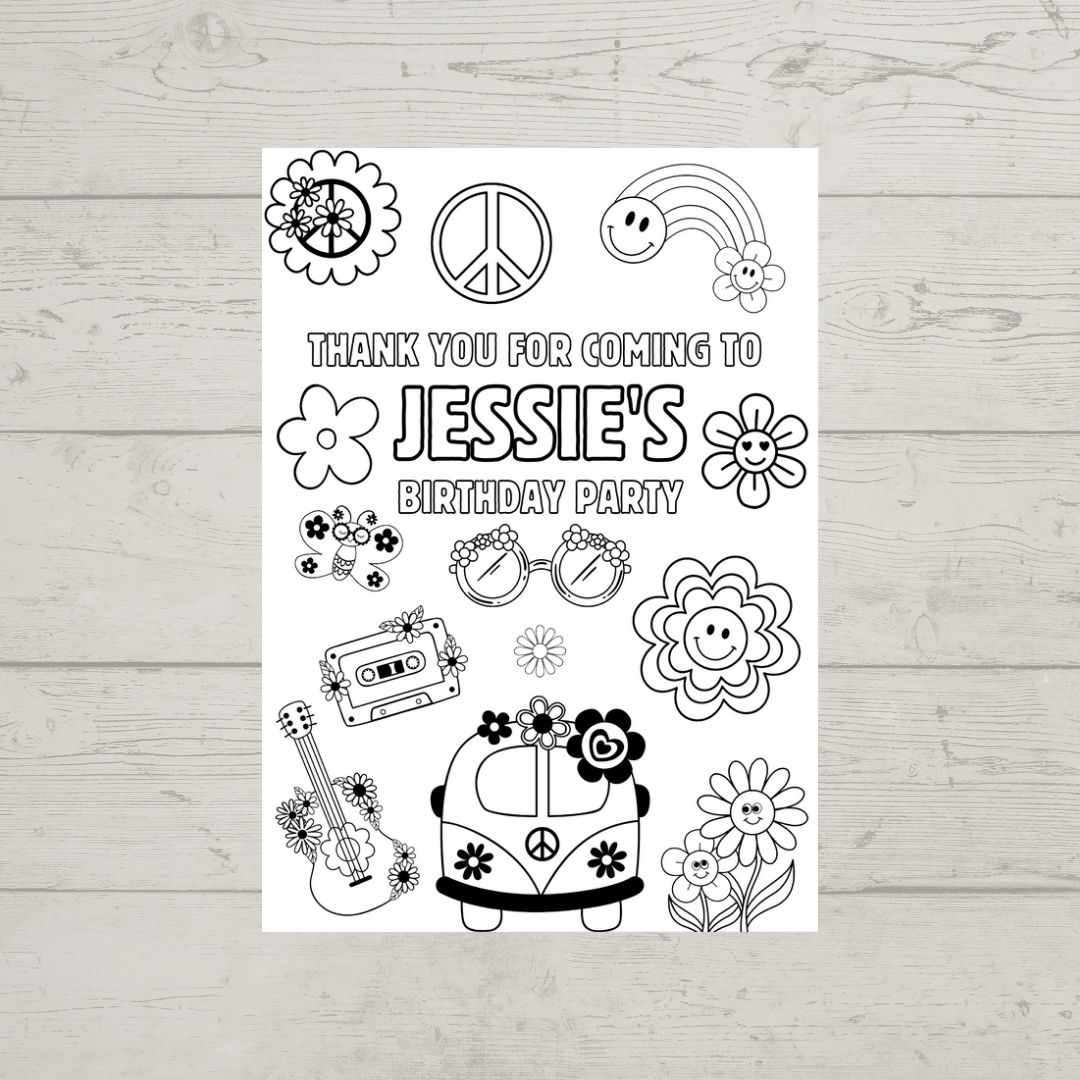 A6 Colouring Sheets | Personalised Flower Power Colouring Sheets | Party Bag Favours