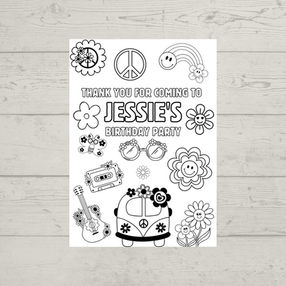 A6 Colouring Sheets | Personalised Flower Power Colouring Sheets | Party Bag Favours