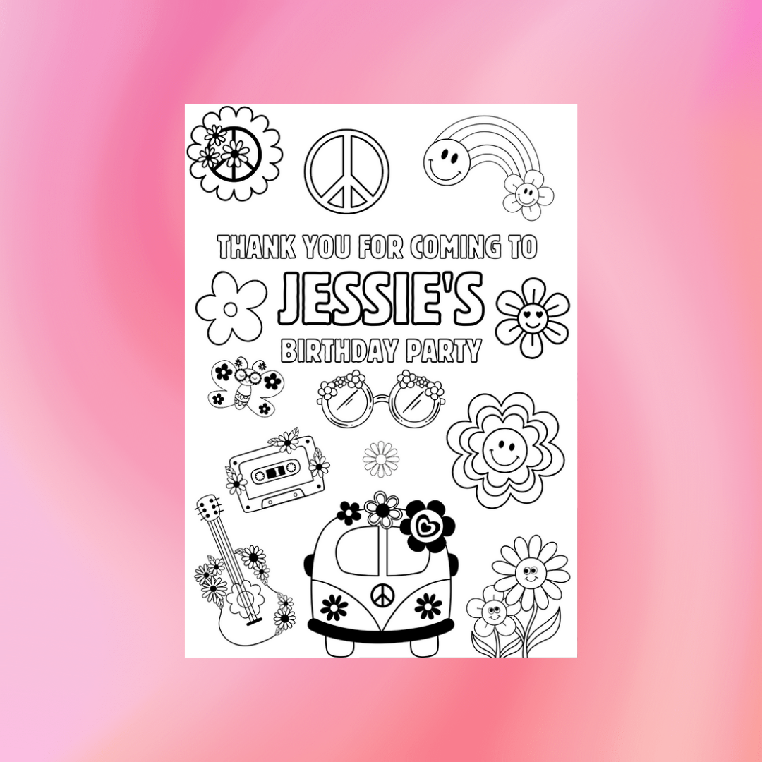 A6 Colouring Sheets | Personalised Flower Power Colouring Sheets | Party Bag Favours