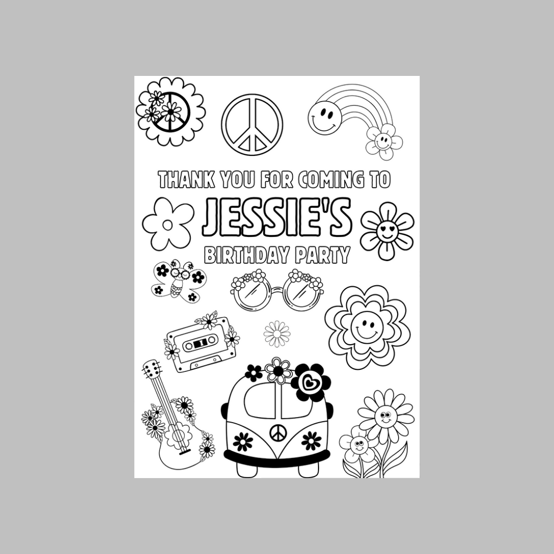 A6 Colouring Sheets | Personalised Flower Power Colouring Sheets | Party Bag Favours