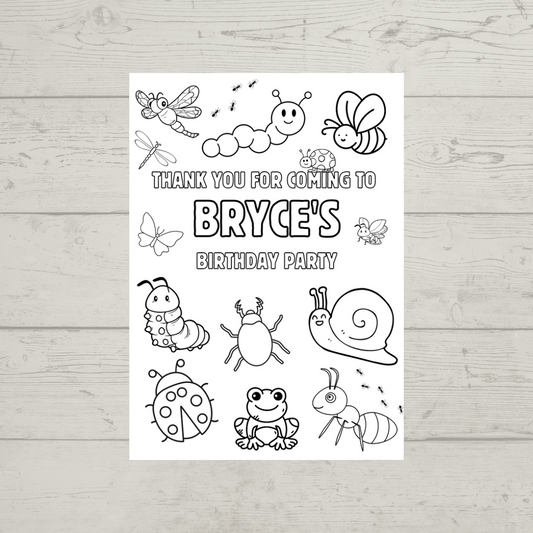 A6 Colouring Sheets | Personalised Insect Bugs Colouring Sheets | Party Bag Favours