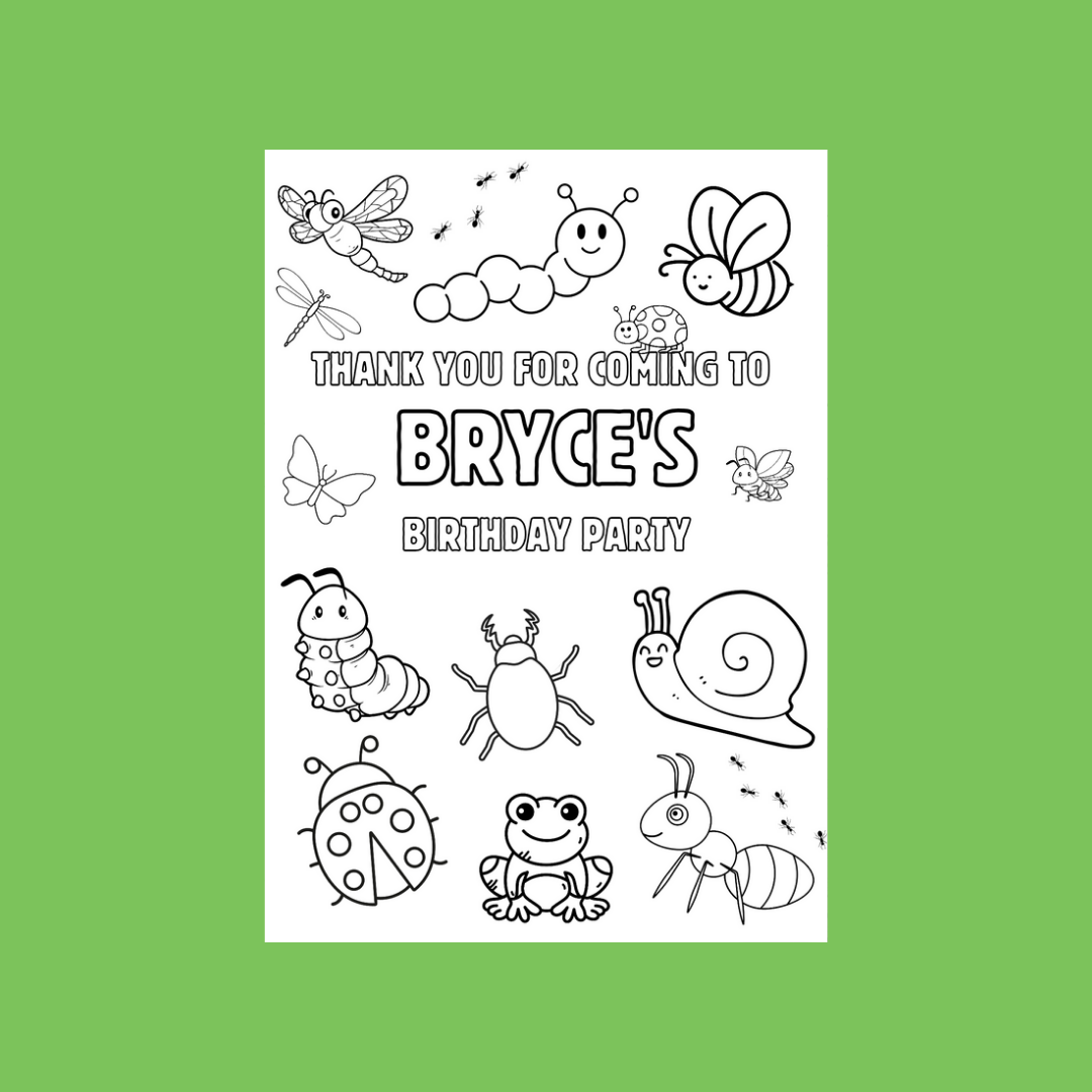 A6 Colouring Sheets | Personalised Insect Bugs Colouring Sheets | Party Bag Favours