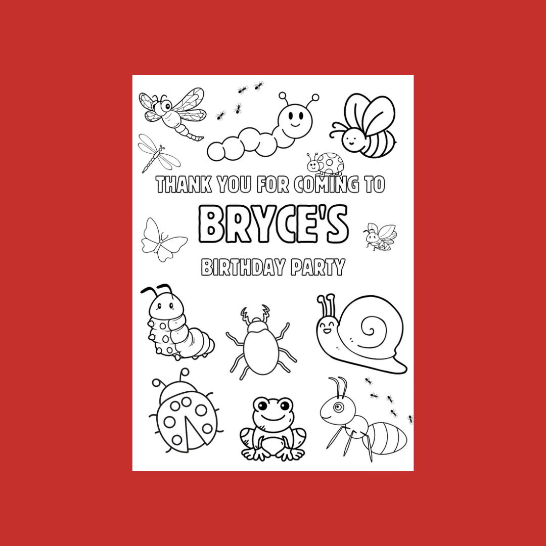 A6 Colouring Sheets | Personalised Insect Bugs Colouring Sheets | Party Bag Favours