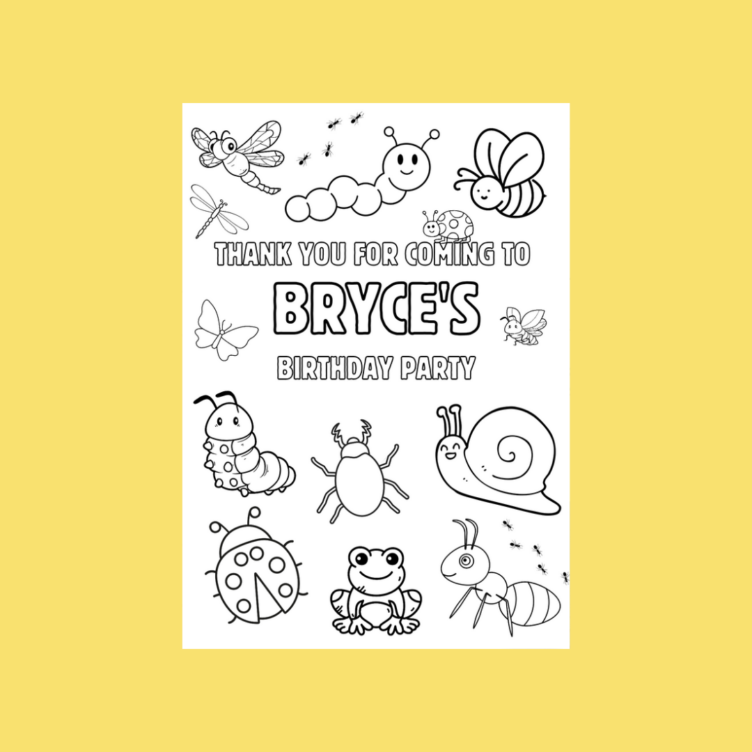 A6 Colouring Sheets | Personalised Insect Bugs Colouring Sheets | Party Bag Favours