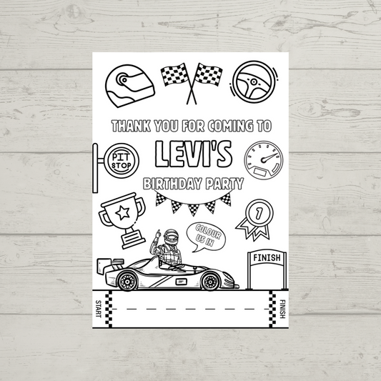 A6 Colouring Sheets | Personalised Racing Car Colouring Sheets | Party Bag Favours