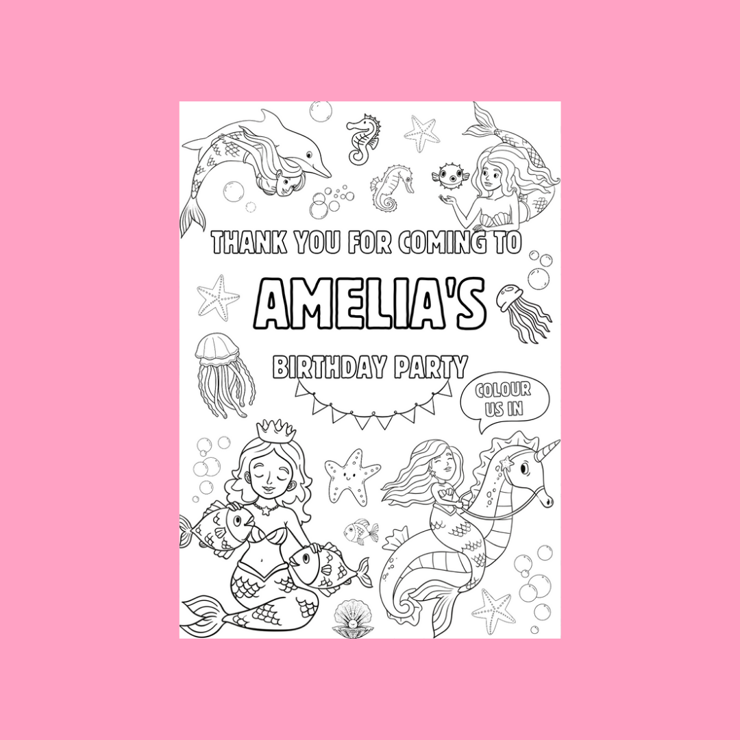 A6 Colouring Sheets | Personalised Mermaid Colouring Sheets | Party Bag Favours