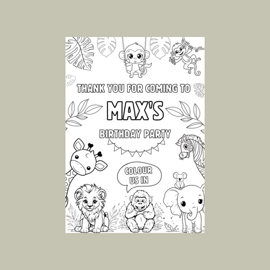 A6 Colouring Sheets | Personalised Safari Zoo Jungle Colouring Sheets | Party Bag Favours