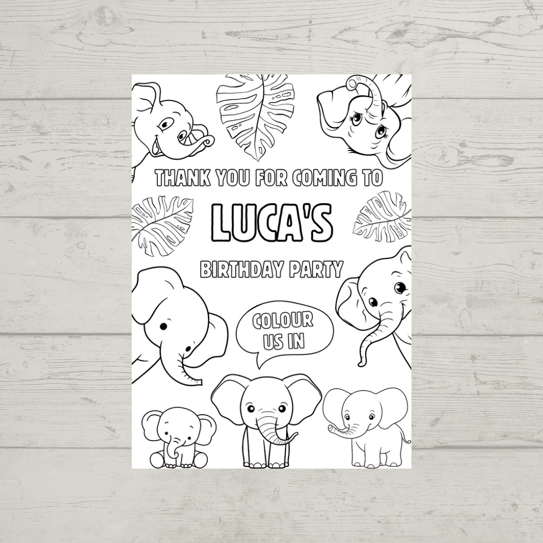 A6 Colouring Sheets | Personalised Elephant Colouring Sheets | Party Bag Favours