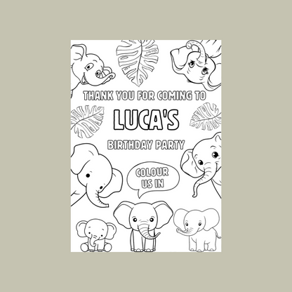 A6 Colouring Sheets | Personalised Elephant Colouring Sheets | Party Bag Favours