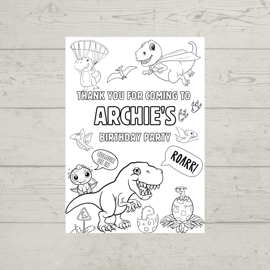 A6 Colouring Sheets | Personalised Dinosaur Colouring Sheets | Party Bag Favours