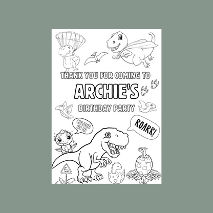 A6 Colouring Sheets | Personalised Dinosaur Colouring Sheets | Party Bag Favours