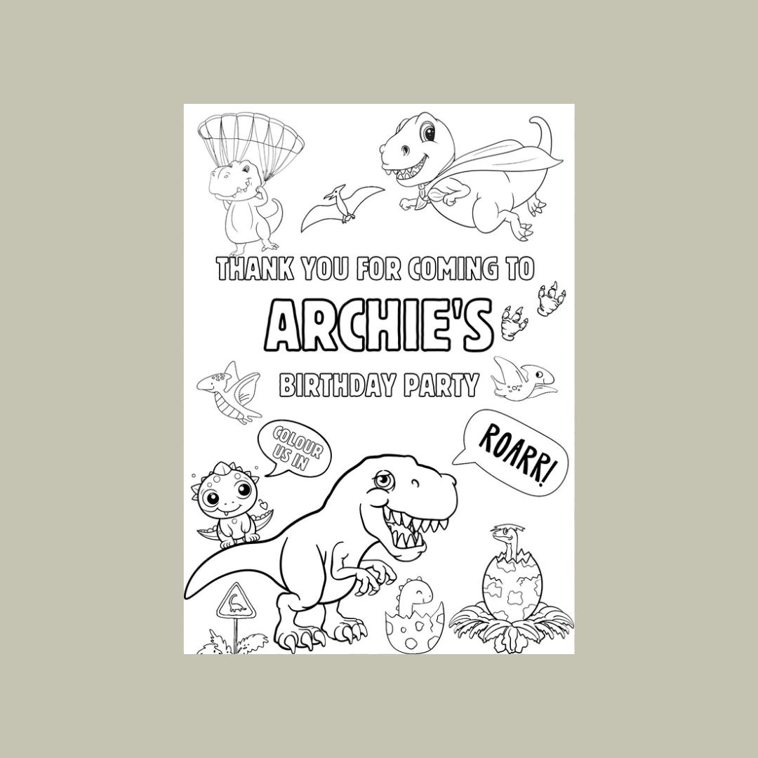 A6 Colouring Sheets | Personalised Dinosaur Colouring Sheets | Party Bag Favours