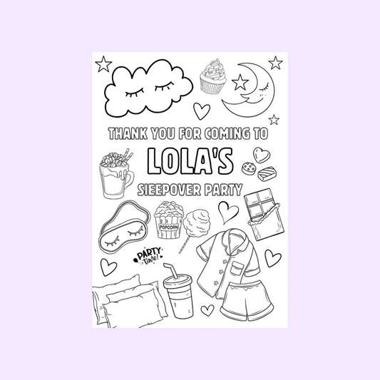 A6 Colouring Sheets | Personalised Sleepover Slumber Party Colouring Sheets | Party Bag Favours