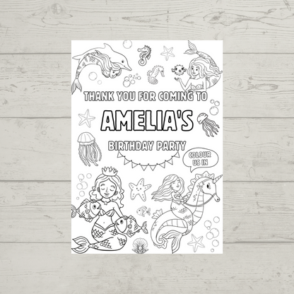 A6 Colouring Sheets | Personalised Mermaid Colouring Sheets | Party Bag Favours