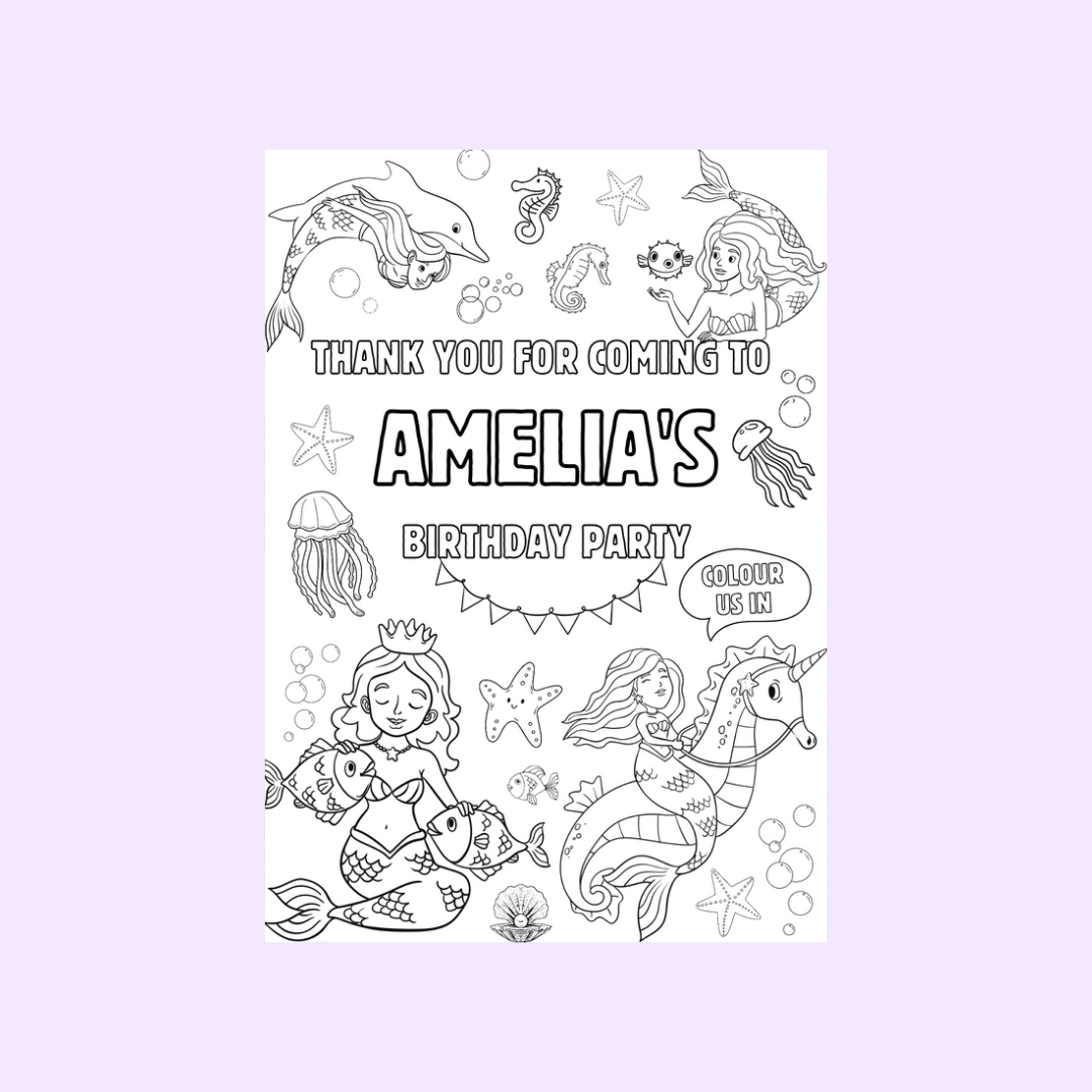 A6 Colouring Sheets | Personalised Mermaid Colouring Sheets | Party Bag Favours