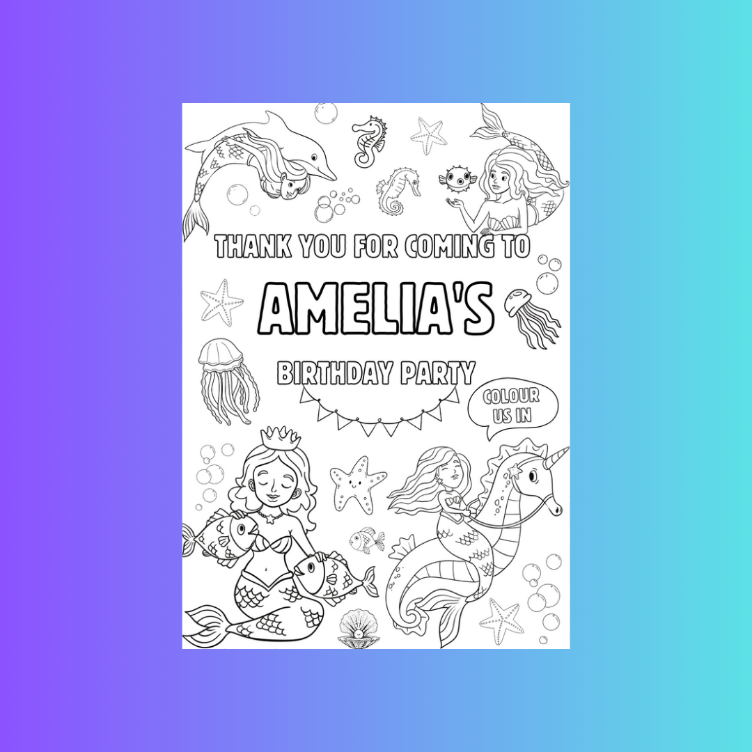 A6 Colouring Sheets | Personalised Mermaid Colouring Sheets | Party Bag Favours