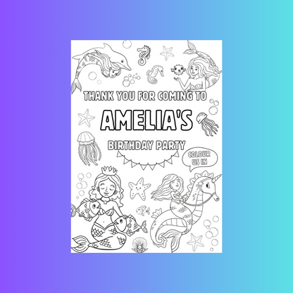 A6 Colouring Sheets | Personalised Mermaid Colouring Sheets | Party Bag Favours