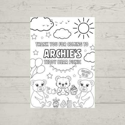 A6 Colouring Sheets | Personalised Teddy Bear Picnic Colouring Sheets | Party Bag Favours