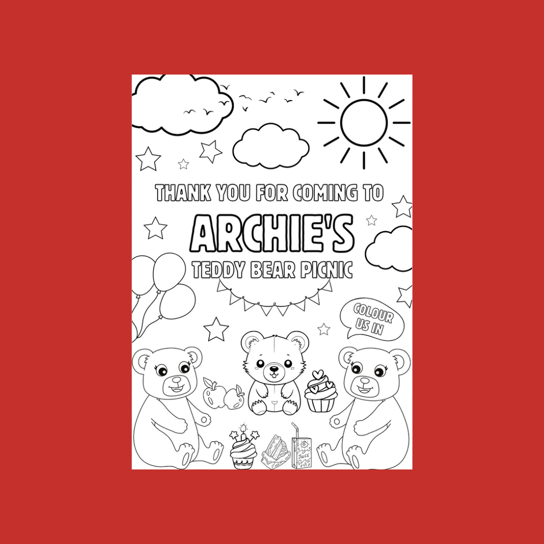 A6 Colouring Sheets | Personalised Teddy Bear Picnic Colouring Sheets | Party Bag Favours