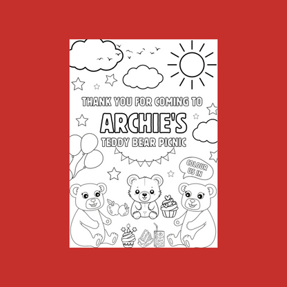 A6 Colouring Sheets | Personalised Teddy Bear Picnic Colouring Sheets | Party Bag Favours