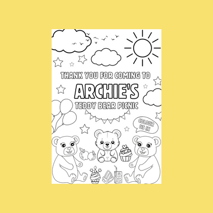 A6 Colouring Sheets | Personalised Teddy Bear Picnic Colouring Sheets | Party Bag Favours