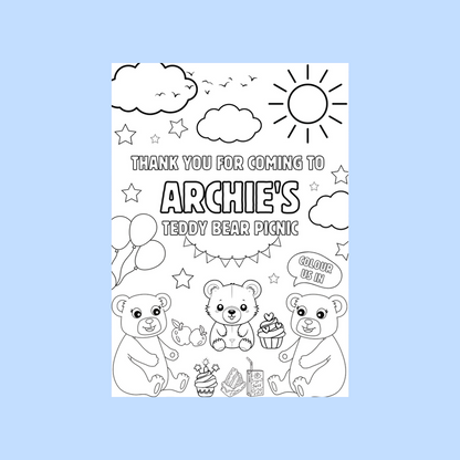 A6 Colouring Sheets | Personalised Teddy Bear Picnic Colouring Sheets | Party Bag Favours