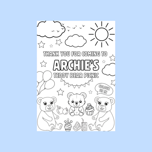 A6 Colouring Sheets | Personalised Teddy Bear Picnic Colouring Sheets | Party Bag Favours