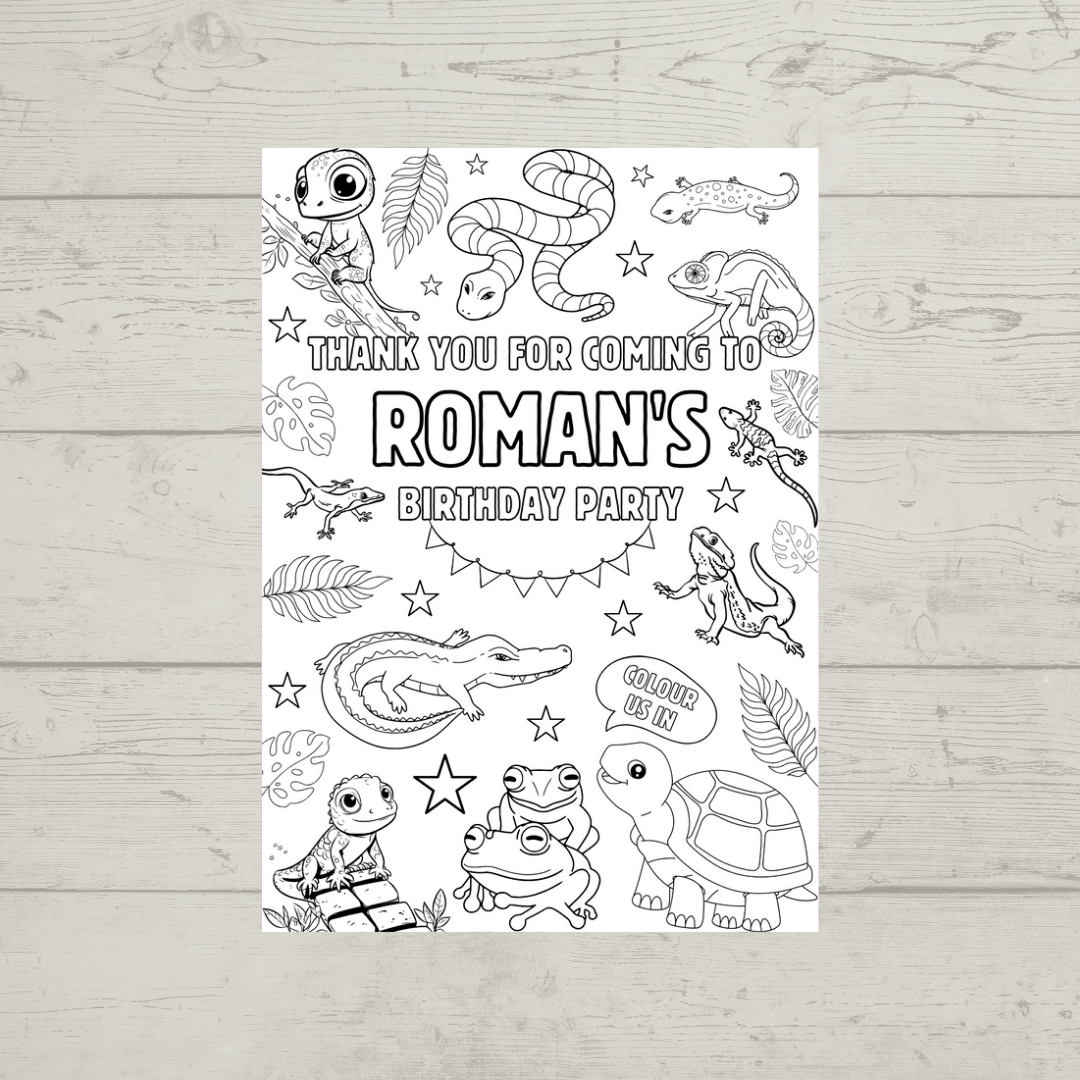 A6 Colouring Sheets | Personalised Reptile Colouring Sheets | Party Bag Favours