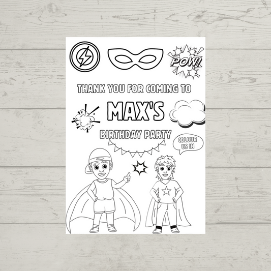 A6 Colouring Sheets | Personalised Superhero Colouring Sheets | Party Bag Favours