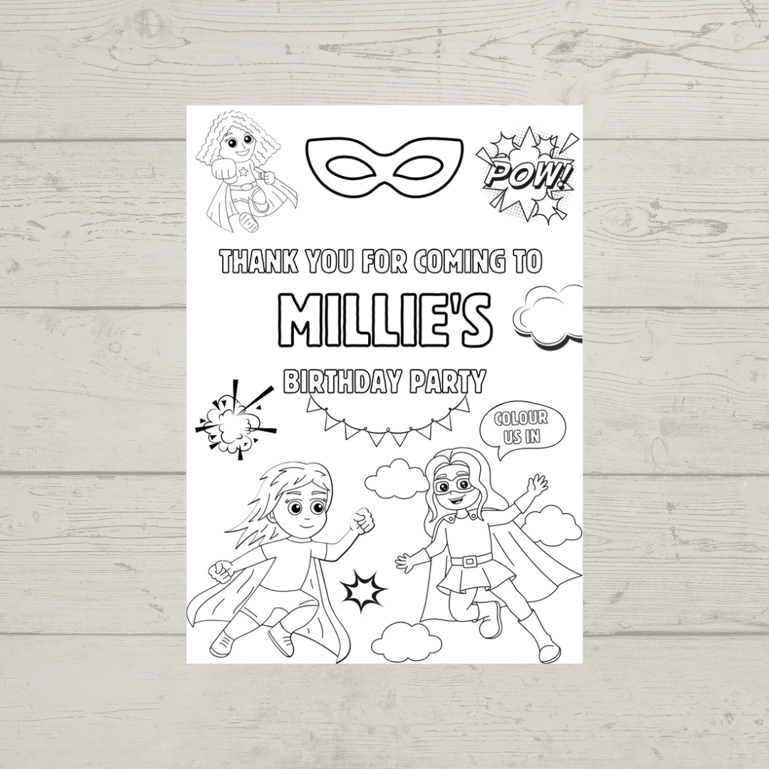 A6 Colouring Sheets | Personalised Supergirl Superhero Colouring Sheets | Party Bag Favours