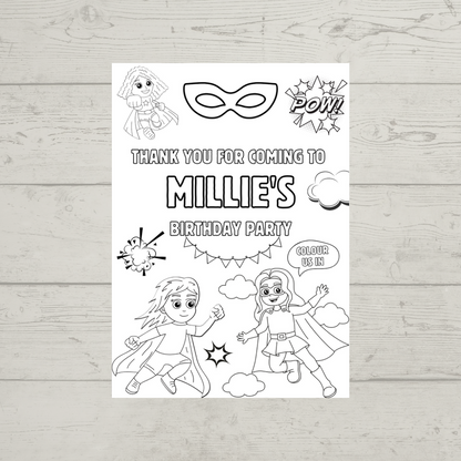 A6 Colouring Sheets | Personalised Supergirl Superhero Colouring Sheets | Party Bag Favours