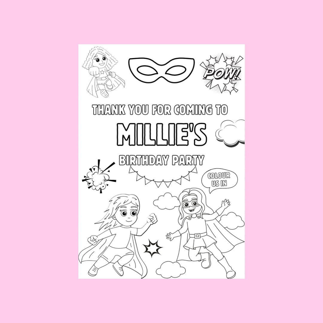 A6 Colouring Sheets | Personalised Supergirl Superhero Colouring Sheets | Party Bag Favours