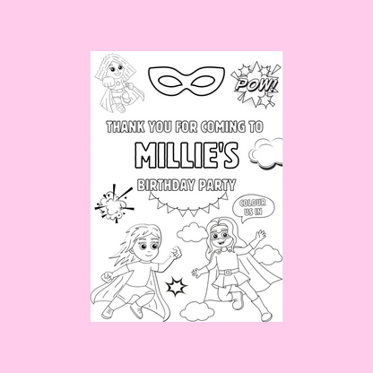 A6 Colouring Sheets | Personalised Supergirl Superhero Colouring Sheets | Party Bag Favours