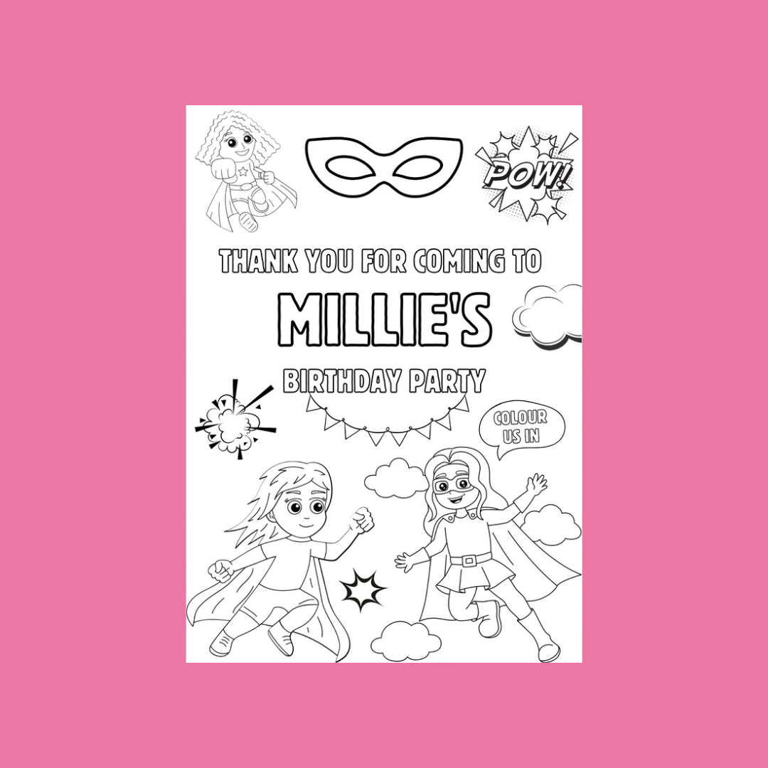 A6 Colouring Sheets | Personalised Supergirl Superhero Colouring Sheets | Party Bag Favours