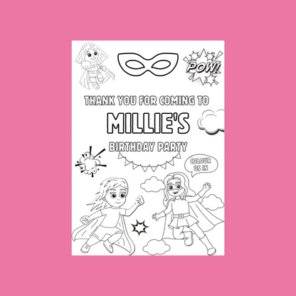 A6 Colouring Sheets | Personalised Supergirl Superhero Colouring Sheets | Party Bag Favours