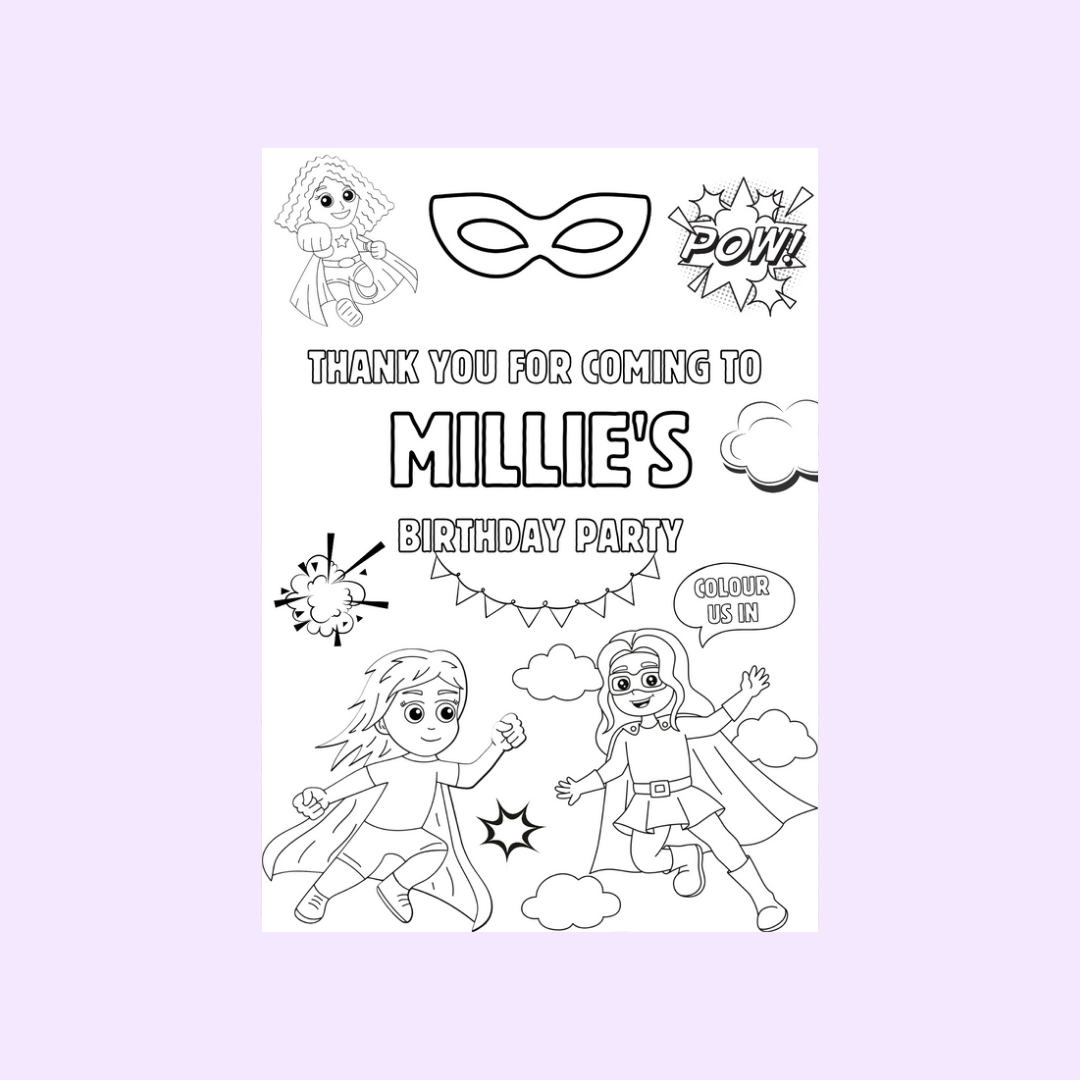 A6 Colouring Sheets | Personalised Supergirl Superhero Colouring Sheets | Party Bag Favours