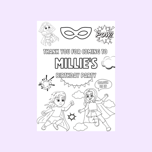 A6 Colouring Sheets | Personalised Supergirl Superhero Colouring Sheets | Party Bag Favours