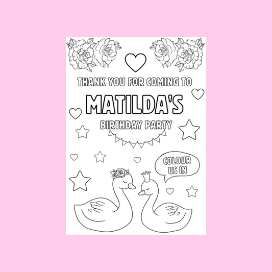 A6 Colouring Sheets | Personalised Swan Colouring Sheets | Party Bag Favours