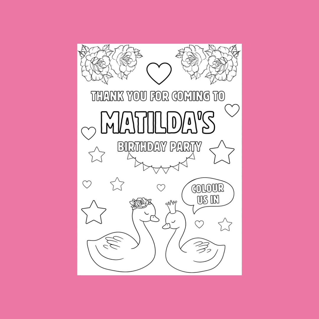 A6 Colouring Sheets | Personalised Swan Colouring Sheets | Party Bag Favours